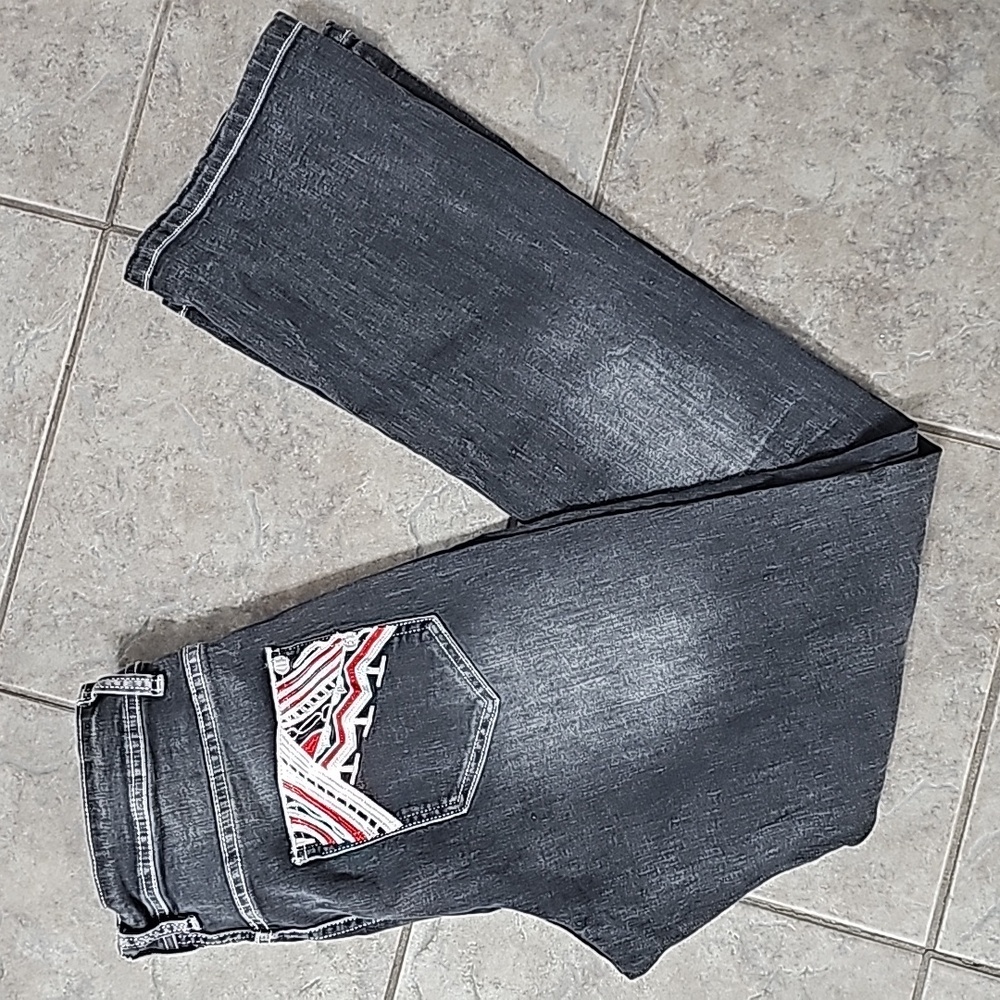Black Jeans Embroidered Back Pockets Bootcut Denim Pants Medium Mid Rise Stretch